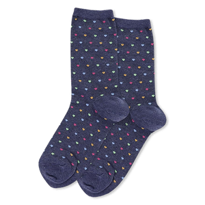 Pair of heathered navy blue crew socks with repeating small hearts in yellow, green, light blue, and pink.