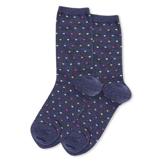Pair of heathered navy blue crew socks with repeating small hearts in yellow, green, light blue, and pink.