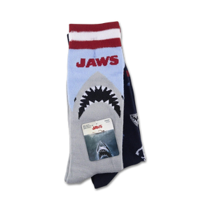 Flatlay product shot of the Jaws BW 2 Pack socks showing both socks, one on top of the other, with attached product tag.