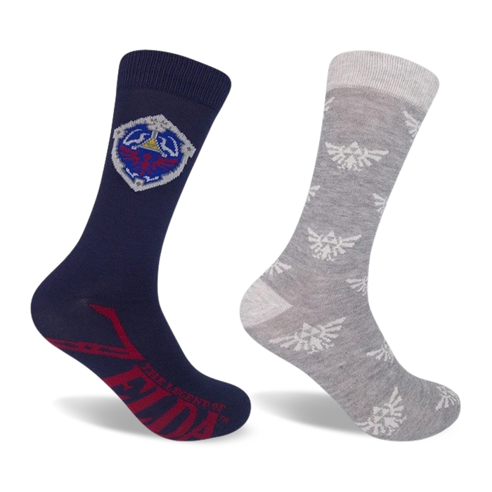 Two crew socks. One navy blue with the Hylian Crest and red Zelda text, the other grey with repeated Triforce symbols. }}