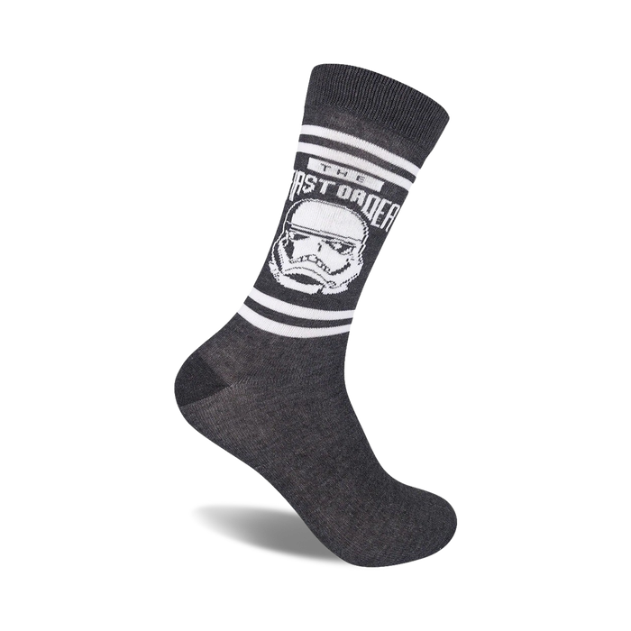 Grey crew socks with white stripes and a Stormtrooper graphic from Star Wars Episode IX. The First Order text is also featured. }}