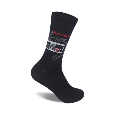 Black crew socks with a retro Nintendo controller graphic and the text 'Keep it Classic' in grey and red.