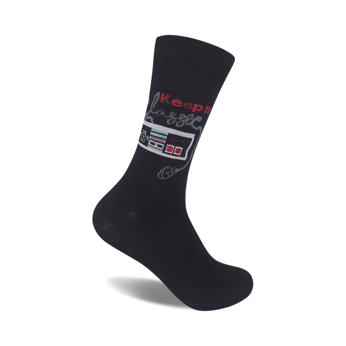 Black crew socks with a retro Nintendo controller graphic and the text 'Keep it Classic' in grey and red. }}