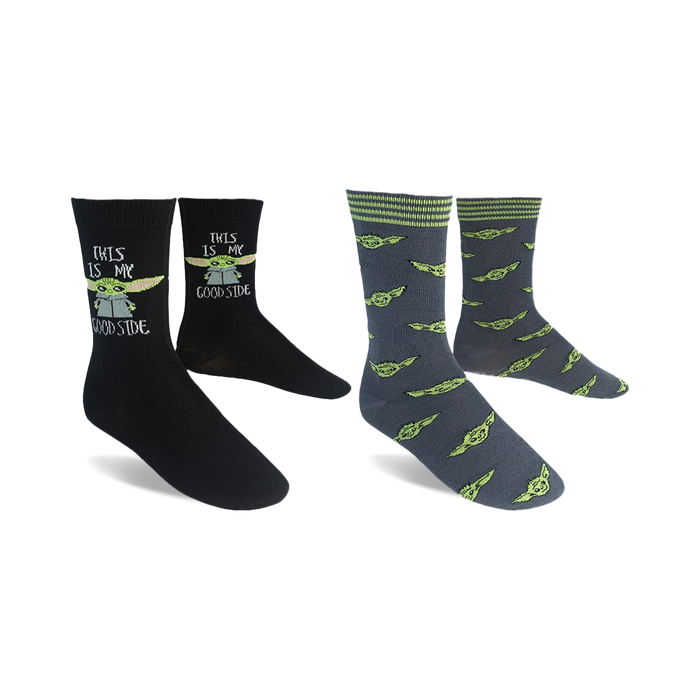 Two pairs of crew socks. One black pair says 'This Is My Good Side' with a Grogu image. The other grey pair has a repeating Grogu pattern. }}