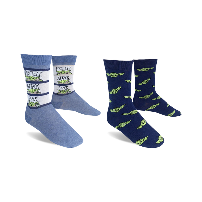 Two pairs of crew socks. One pair is navy blue with repeating Baby Yoda faces. The other pair has blue and white stripes with Baby Yoda and the words 'Protect, Attack, Snack'. }}