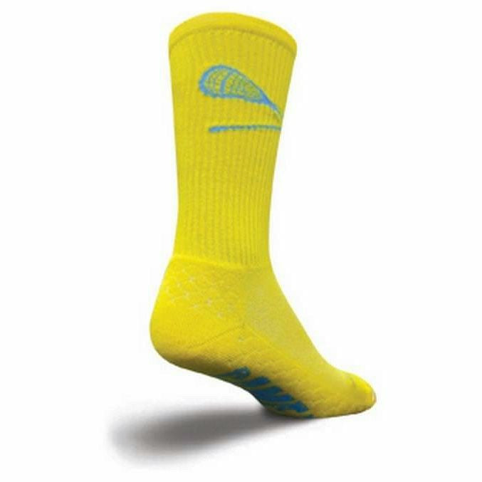 Yellow crew socks with a light blue lacrosse stick graphic and textured blue grip pattern on the sole. }}