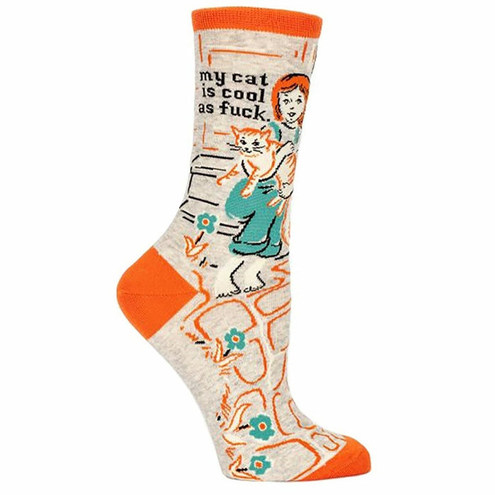 Crew socks in grey, orange, and teal. Illustration of a girl carrying a cat, with text 'My cat is cool as f*ck'. }}