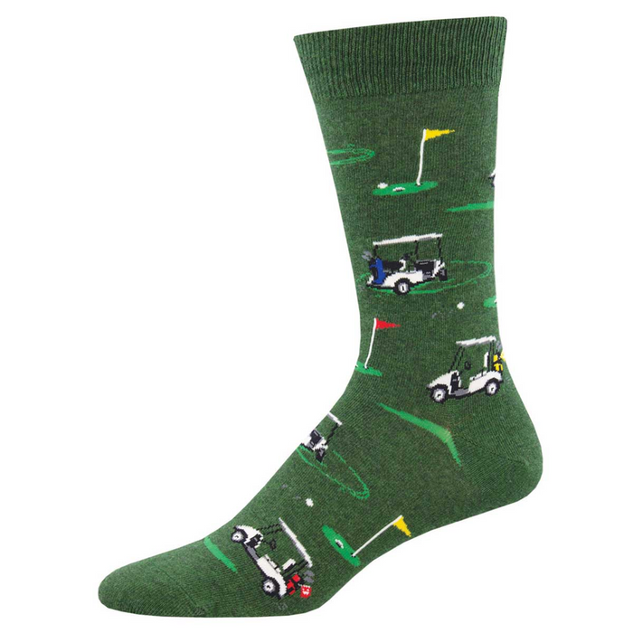 A green crew sock with whimsical illustrations of golf carts, flags, and golf balls scattered across the sock. }}