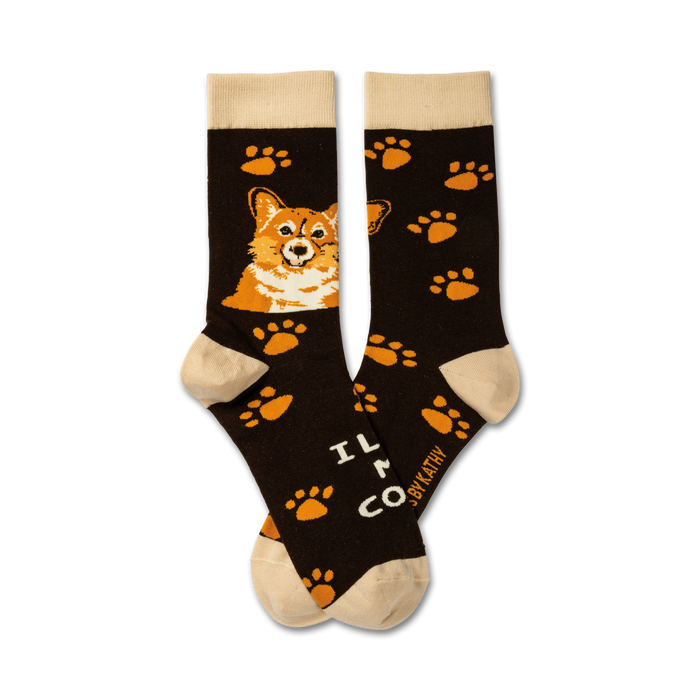 Pair of crew socks in dark brown with an orange corgi face and orange paw prints.  Text reads 'I Love My Corgi'. }}