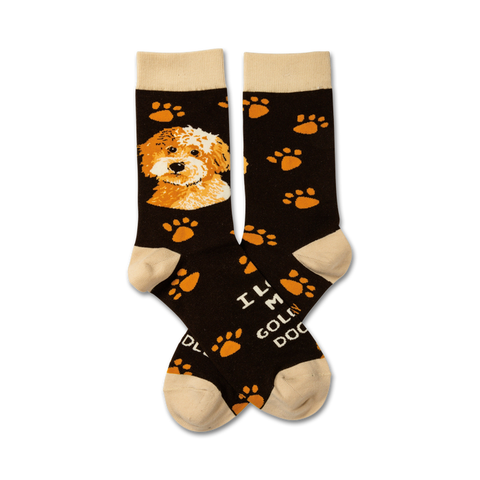 Crew socks with a dark brown background, orange paw prints, and a Goldendoodle image. Text says 'I'm a Goldendoodle'. }}