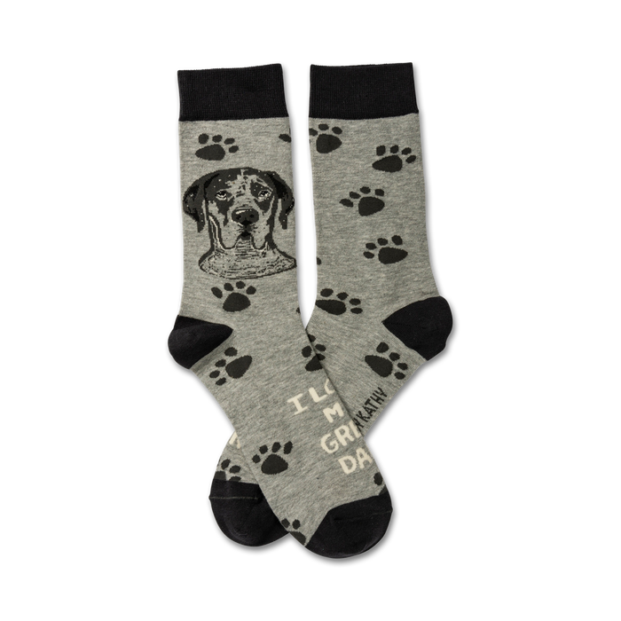 Crew socks in heather gray with black paw prints and a Great Dane portrait. Text reads, 'I love my Great Dane'. }}