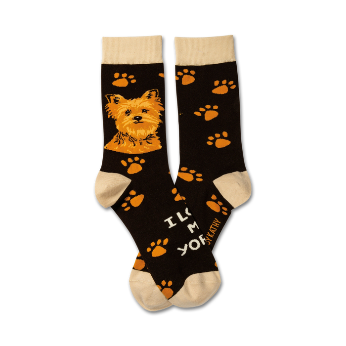 A pair of brown crew socks with a Yorkshire Terrier image and orange paw prints. The text 'I love my Yorkie' is also visible. }}