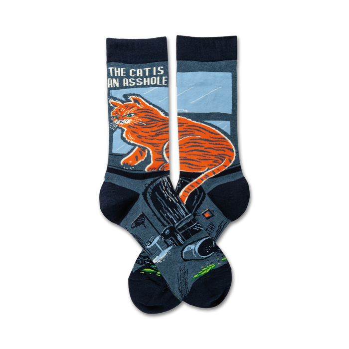 blue crew socks feature smug orange cat sitting on the toilet with, 