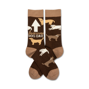 Brown crew socks with tan cuffs, featuring illustrations of dogs and the text 'Awesome Dog Dad'.