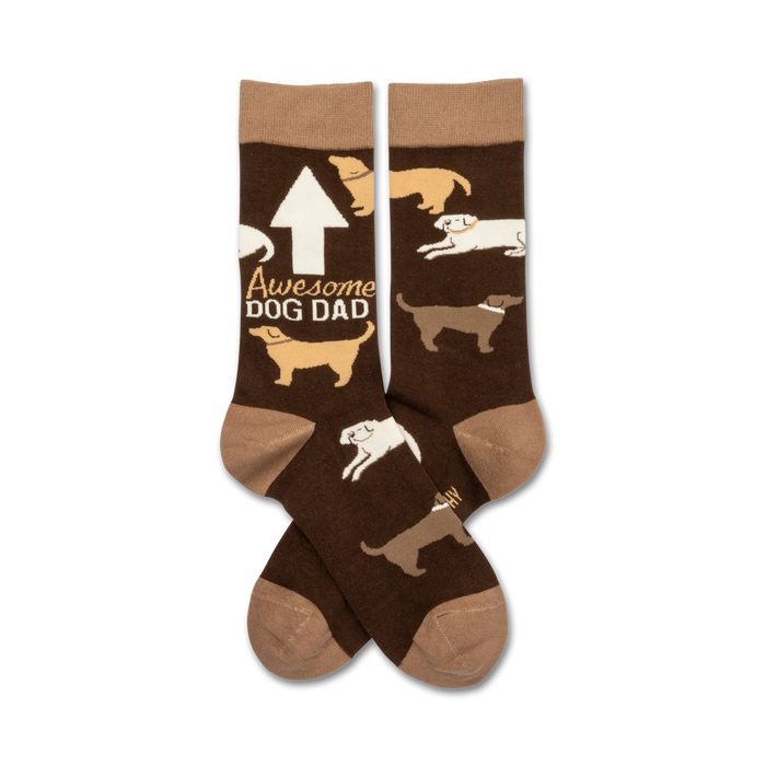 Brown crew socks with tan cuffs, featuring illustrations of dogs and the text 'Awesome Dog Dad'.