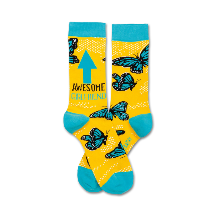 crew length yellow socks with blue toe, heel, and cuff feature 