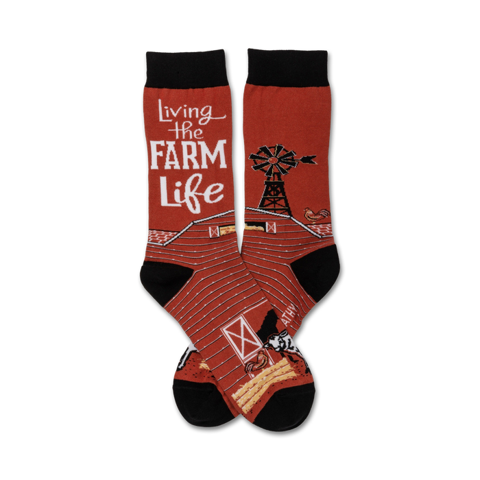 A pair of crew socks in red and black features a barn, windmill, chicken, and cow. The text 'Living the Farm Life' is prominently displayed. }}