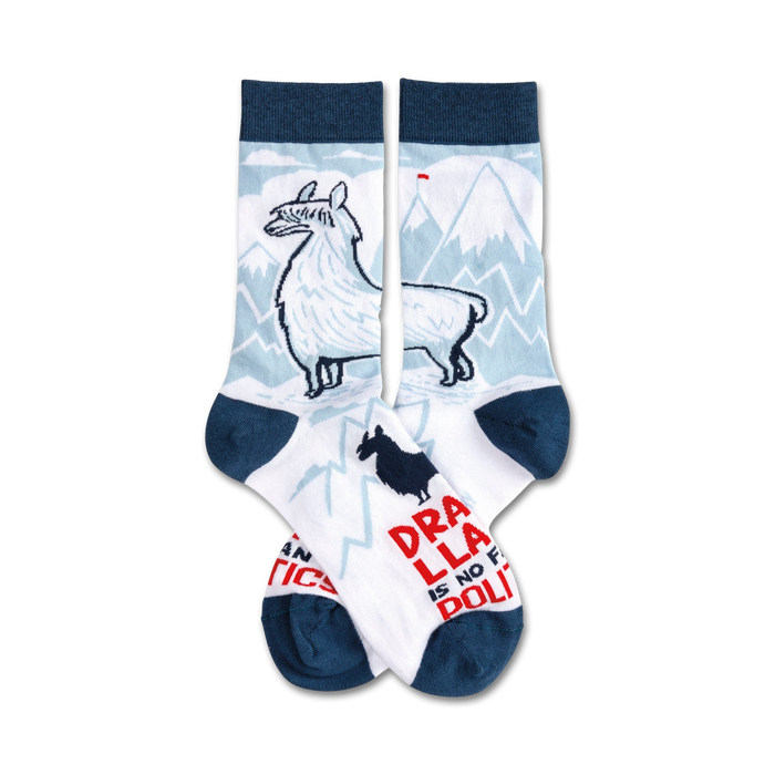 A pair of crew socks in white, blue, and red. They feature a llama illustration, a mountain scene, and the text 'Drama Llama is no fun, politics'. }}
