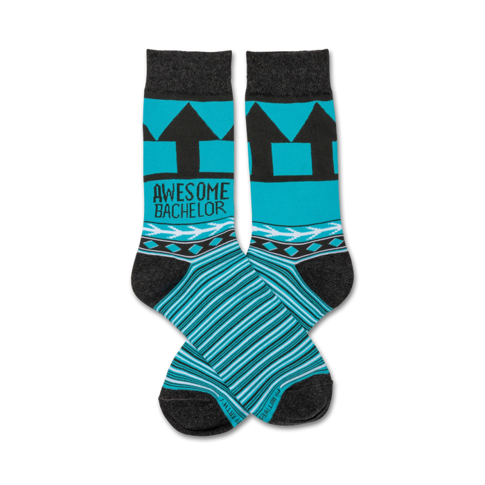blue and gray geometric pattern men's crew socks with 'awesome bachelor' written on them.   }}