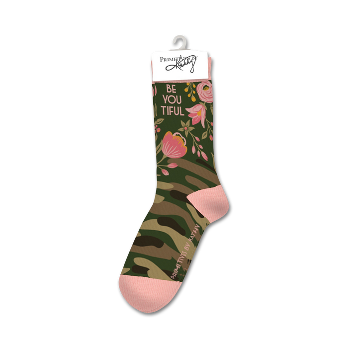 Crew socks in camo green with pink flowers and 'Be You Tiful' text. Pink toe and heel. }}