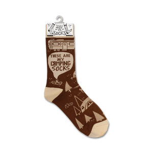Product shot of a single 'These Are My Camping Socks' sock on a hanger, highlighting the packaging and sock design.
