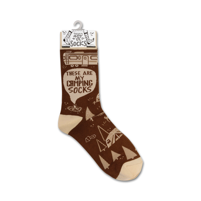 Product shot of a single 'These Are My Camping Socks' sock on a hanger, highlighting the packaging and sock design.