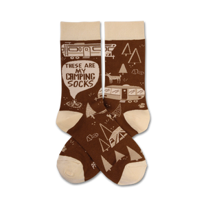 brown crew socks with white bubble lettering 