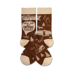 Brown and beige crew socks with a camping theme.  Design includes camper vans, trees, tents, and the text 'These Are My Camping Socks'.
