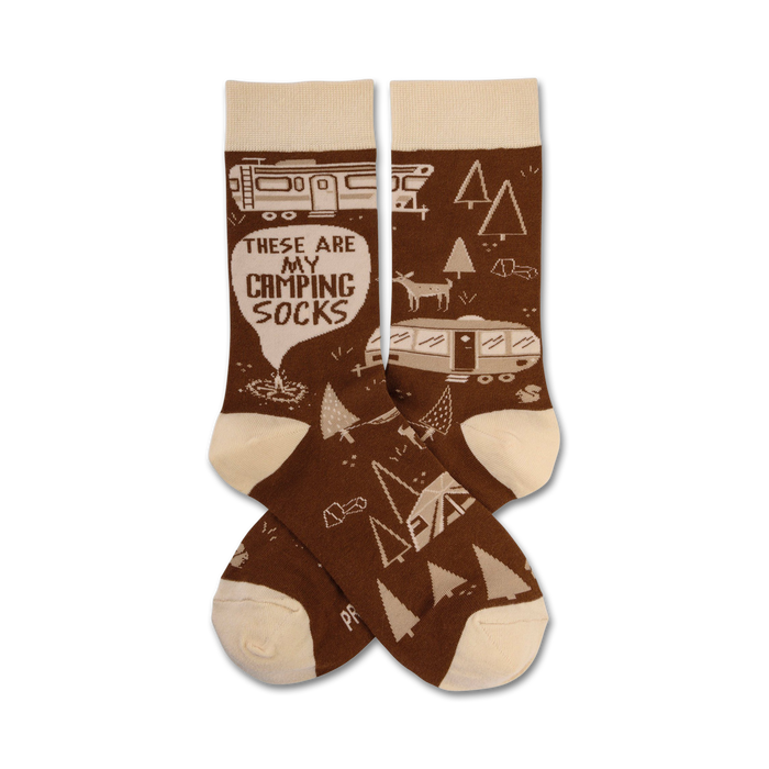 brown crew socks with white bubble lettering 