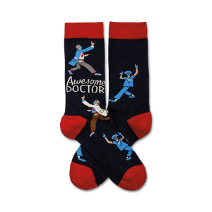 Pair of navy blue crew socks with a red cuff. The design features illustrations of doctors and nurses dancing, along with the text 'Awesome Doctor'.