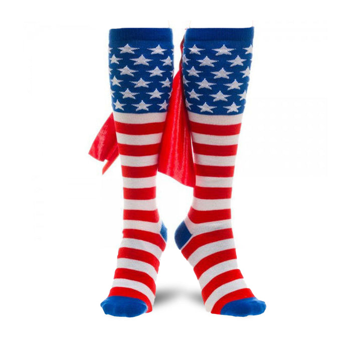 Pair of red, white, and blue knee-high socks. The socks are striped and feature a small cape detail, resembling an American flag. }}