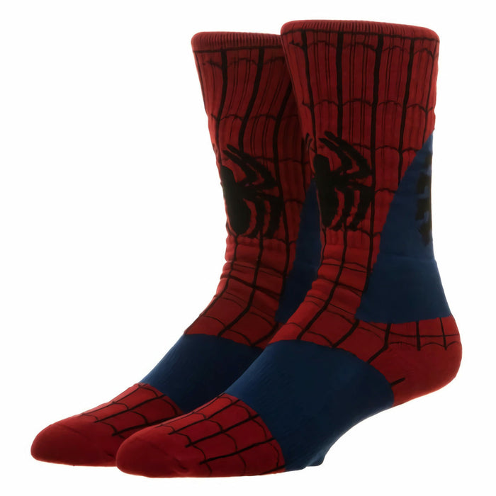 Pair of red and blue crew socks with a Spider-Man suit design. The socks feature a web pattern and a black spider logo. }}