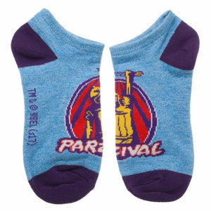 Close-up of a single Ready Player One ankle sock with Parzival design. Light blue with purple heel and toe, and a circular graphic.