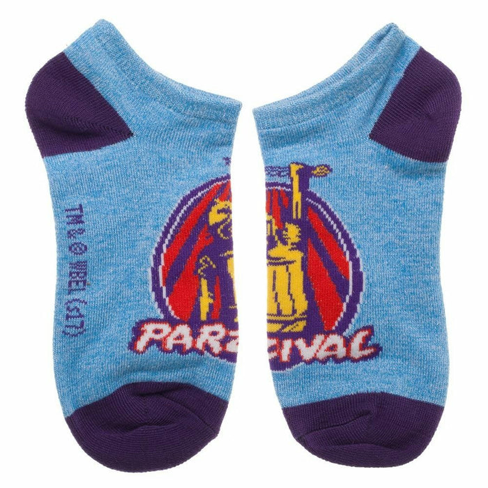 Close-up of a single Ready Player One ankle sock with Parzival design. Light blue with purple heel and toe, and a circular graphic.