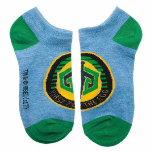 Ready Player One ankle sock featuring the 'First Contact' design. Light blue with green heel and toe, and a circular graphic.