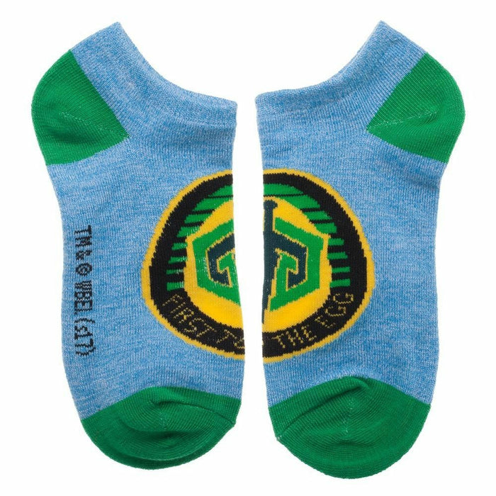Ready Player One ankle sock featuring the 'First Contact' design. Light blue with green heel and toe, and a circular graphic.