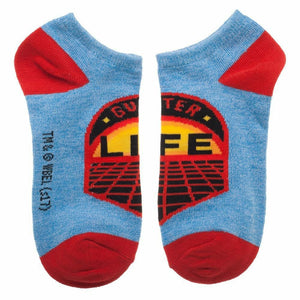 Ready Player One ankle sock displaying the 'Gunter' design. Light blue sock with red heel and toe, and a circular graphic.