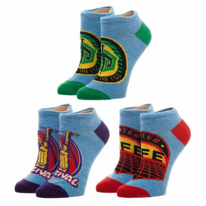 Ready Player One 3-pack ankle socks. Light blue socks with purple, green, and red accents, featuring game-inspired designs.