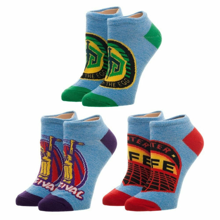 Ready Player One 3-pack ankle socks. Light blue socks with purple, green, and red accents, featuring game-inspired designs.
