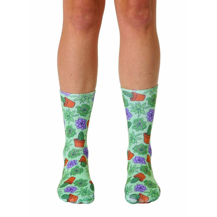 A pair of crew socks in pastel green, adorned with a repeating pattern of purple and green succulents in terracotta pots. }}