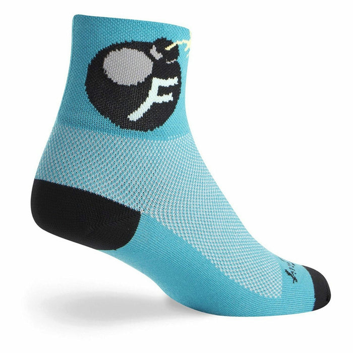 Teal ankle socks with a black and gray 'F'bomb graphic.  Breathable mesh fabric and black heel/toe.