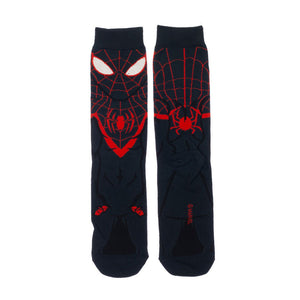 Flatlay image showing a pair of Miles Morales Spider-Man crew socks. The image showcases the full design, including the Marvel logo.