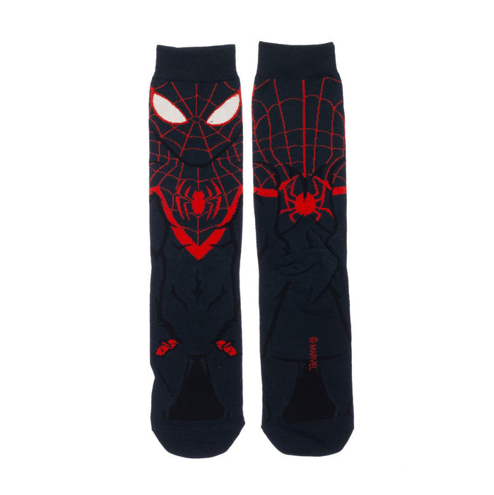 Flatlay image showing a pair of Miles Morales Spider-Man crew socks. The image showcases the full design, including the Marvel logo.