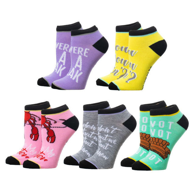 Five pairs of Friends themed ankle socks. Designs include: purple with 'Where’s the break?', yellow with 'How you doin?', pink with lobsters, grey with a quote, and teal with 'Pivot'. }}