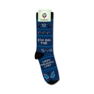 Product shot of 'I'm On The Very Naughty List' socks on their packaging. Shows the full sock design and branding.