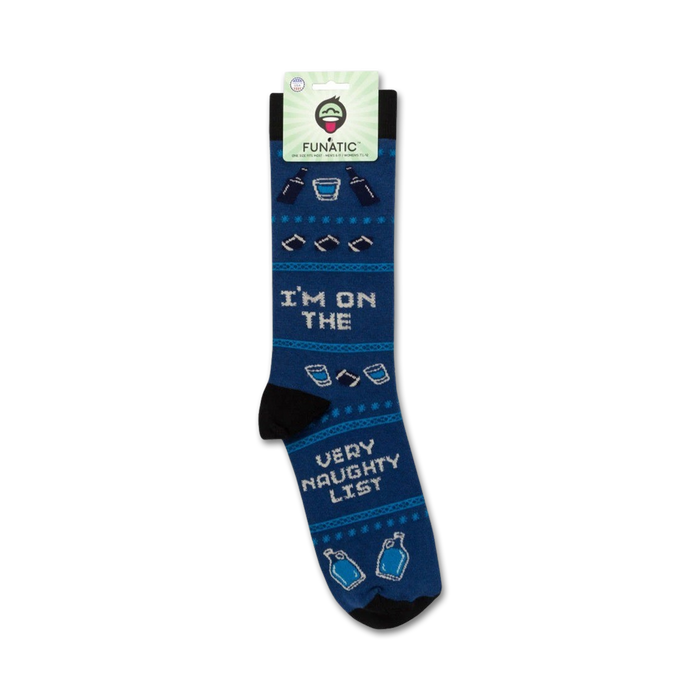 Product shot of 'I'm On The Very Naughty List' socks on their packaging. Shows the full sock design and branding.