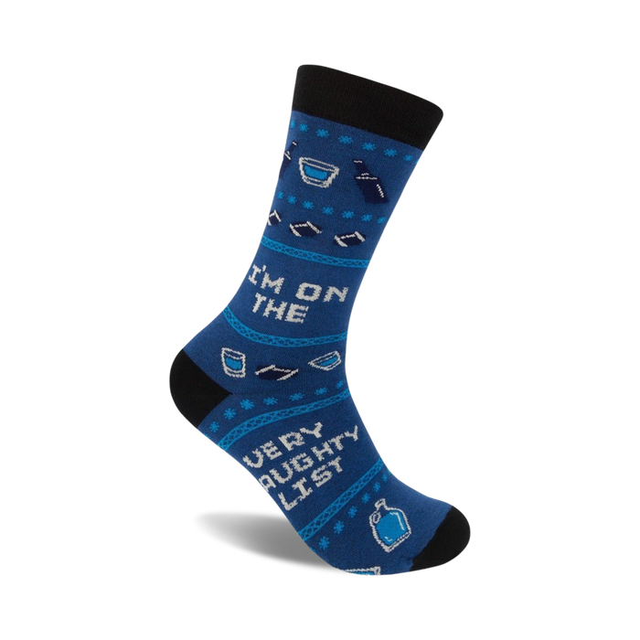 Blue crew socks with a playful 'I'm on the Very Naughty List' design, featuring liquor bottle and glass illustrations.