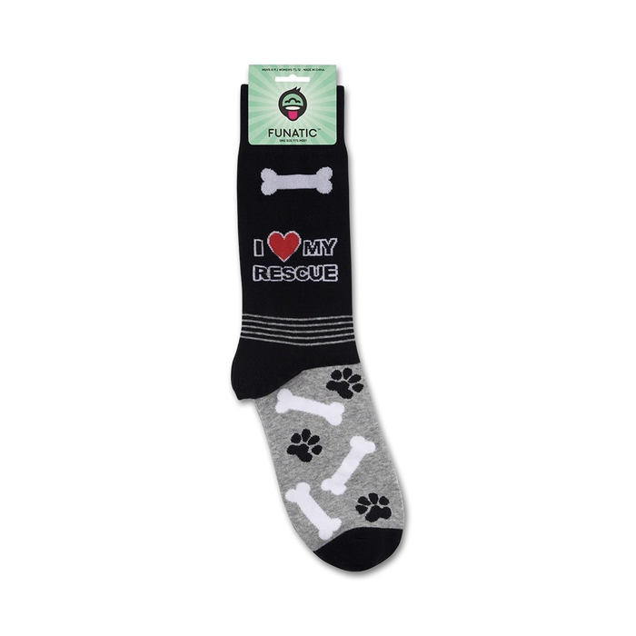 A close-up of the 'I Love My Rescue' socks on their packaging.