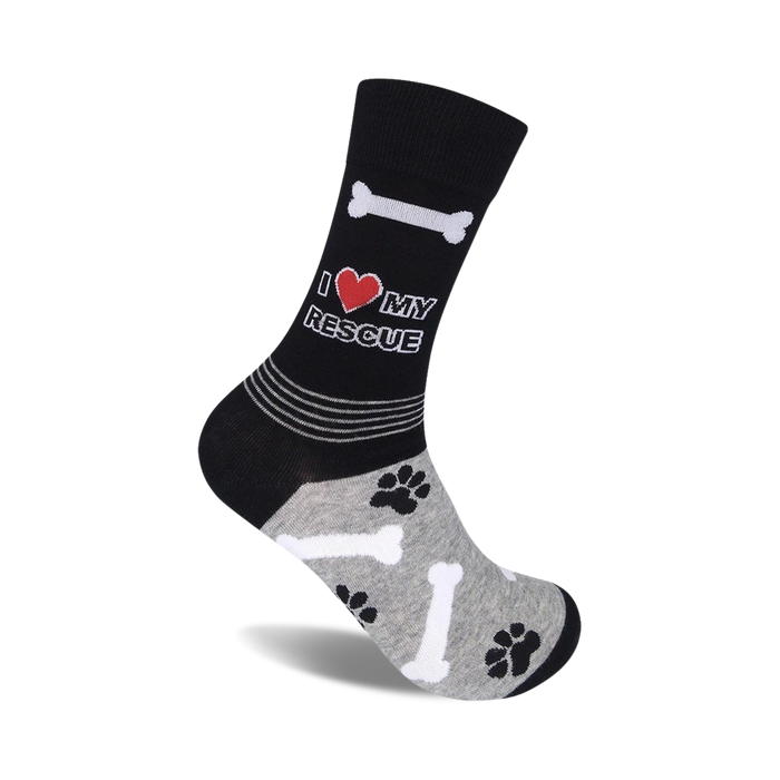 Black crew socks with a grey cuff.  Design includes 'I love my rescue', paw prints, and bone graphics.