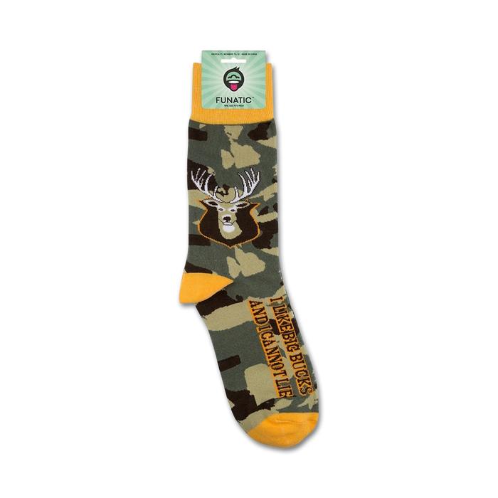 Package shot of 'I Like Big Bucks' socks, showing the socks folded on a card.